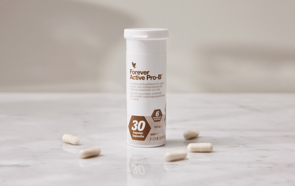 Forever Active Pro-B sisältää kahdeksan miljardia elävää maitohappobakteeria ja mineraalisinkkiä. 